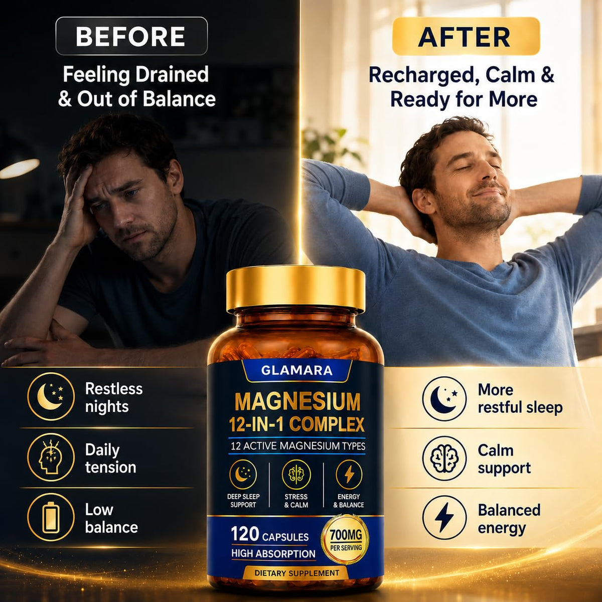 GLAMARA Magnesium Complex 12 en 1 avec un fond naturel