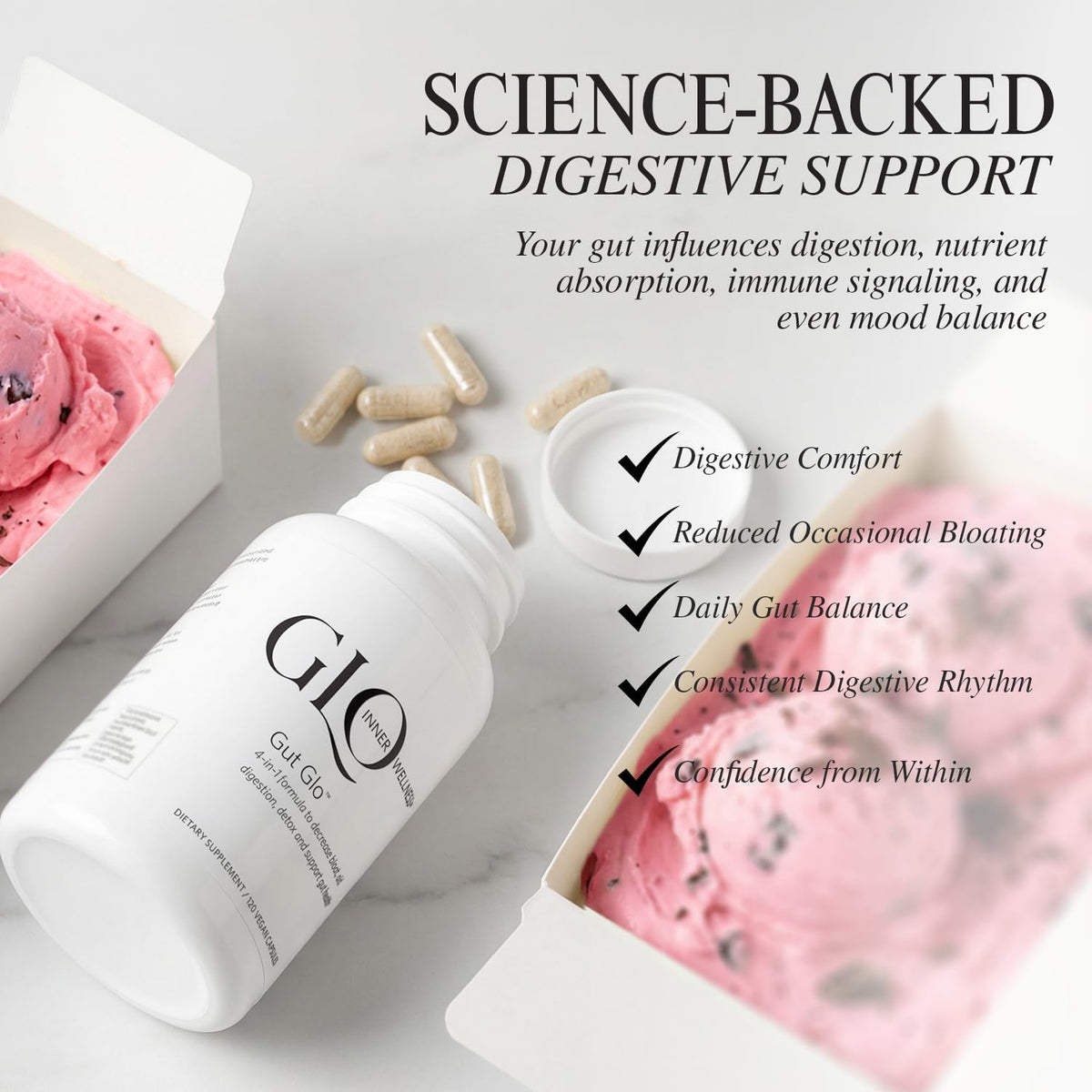 GLO Inner Wellness Complément Alimentaire 4-en-1 60 Capsules en gros plan