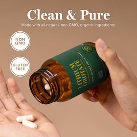 Global Healing Center Lithium Orotate 10mg capsules on a wooden table