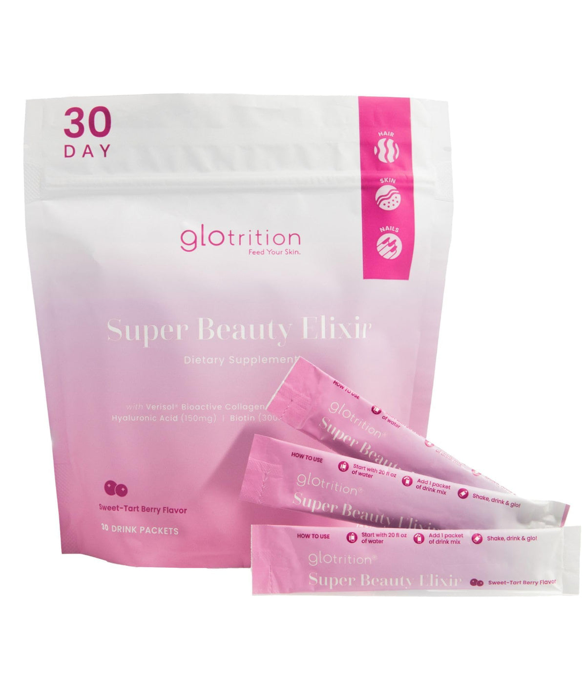 Glotrition Super Beauty Elixir paquet de poudre de collagène vue de face