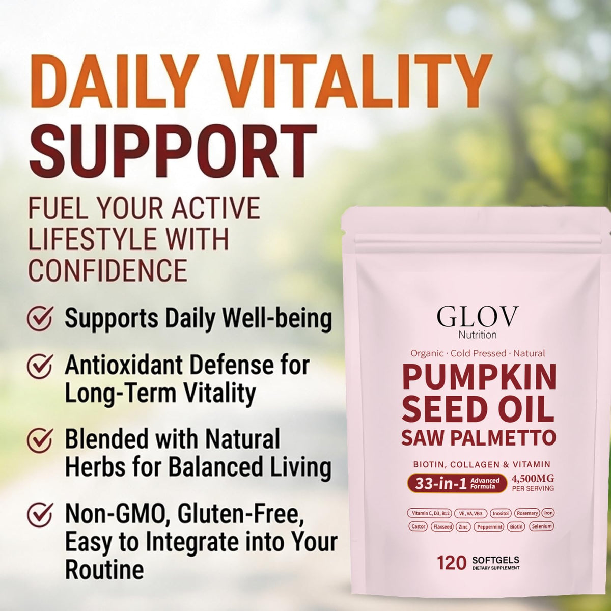 Glov Nutrition softgels huile de graine de citrouille, vue de côté du paquet