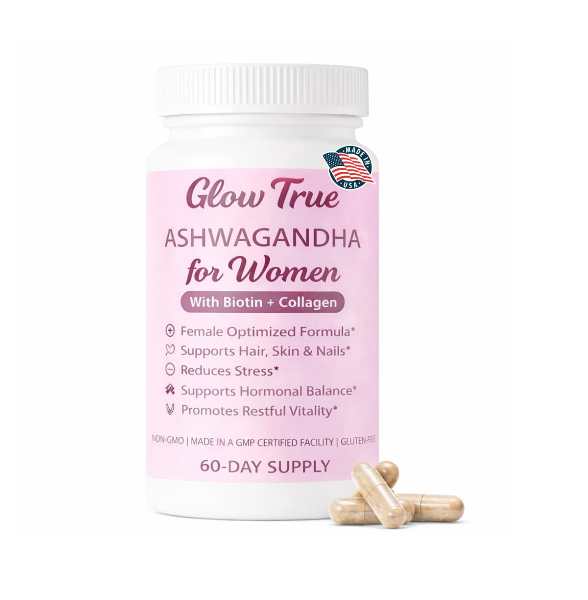 GlowTrue Ashwagandha pour Femmes 500mg capsule avant