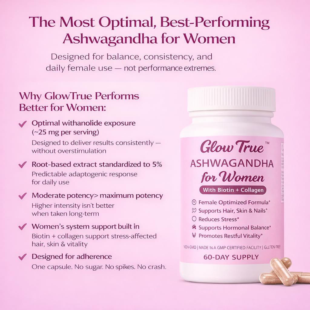 GlowTrue Ashwagandha pour Femmes 500mg sur fond blanc