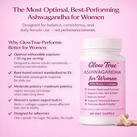 GlowTrue Ashwagandha pour Femmes 500mg sur fond blanc