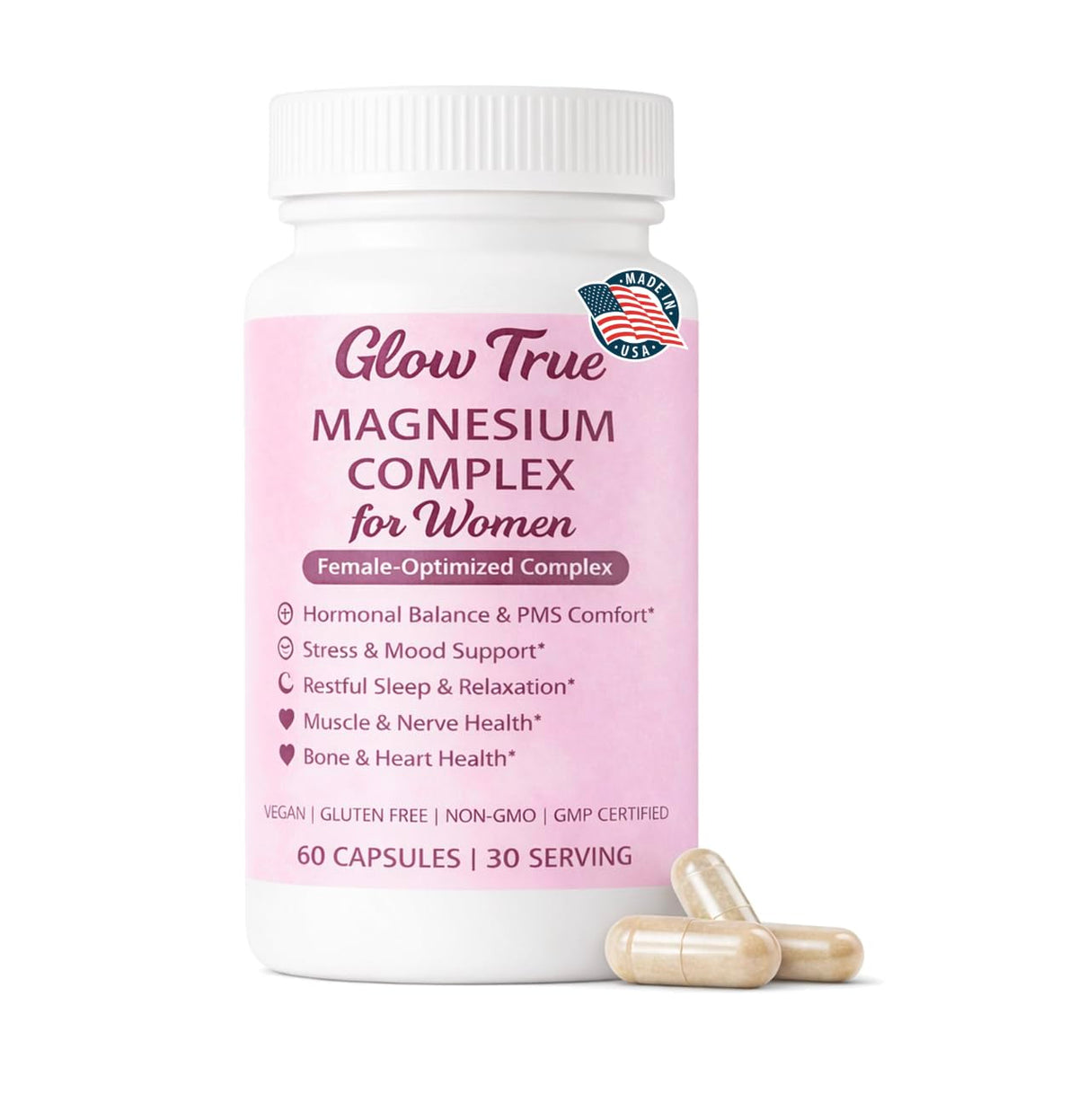 GlowTrue Complexe de Magnésium pour Femmes 500 mg, flacon avant