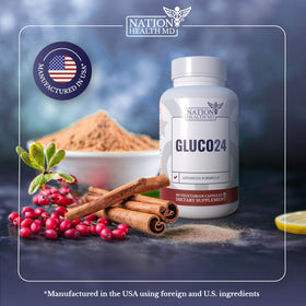 Gluco24 sur une table avec des éléments de santé