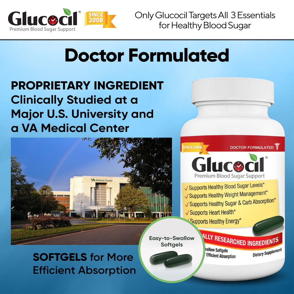 Glucocil Softgels bouteille ouverte avec gélules à l'intérieur