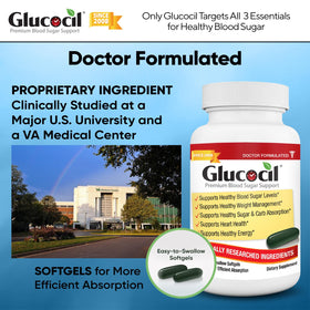 Glucocil Softgels bouteille ouverte avec gélules à l'intérieur