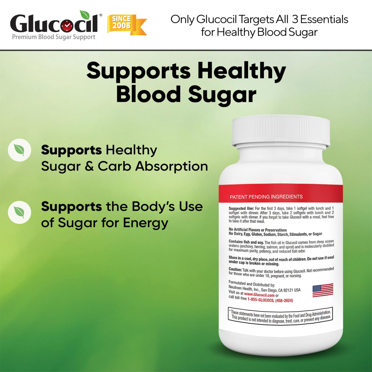 Glucocil Softgels ingrédients affichés sur l'étiquette