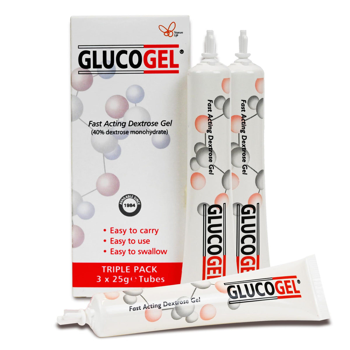 Glucogel Gel Glucose Rapide 3 tubes de 25g en vue de face