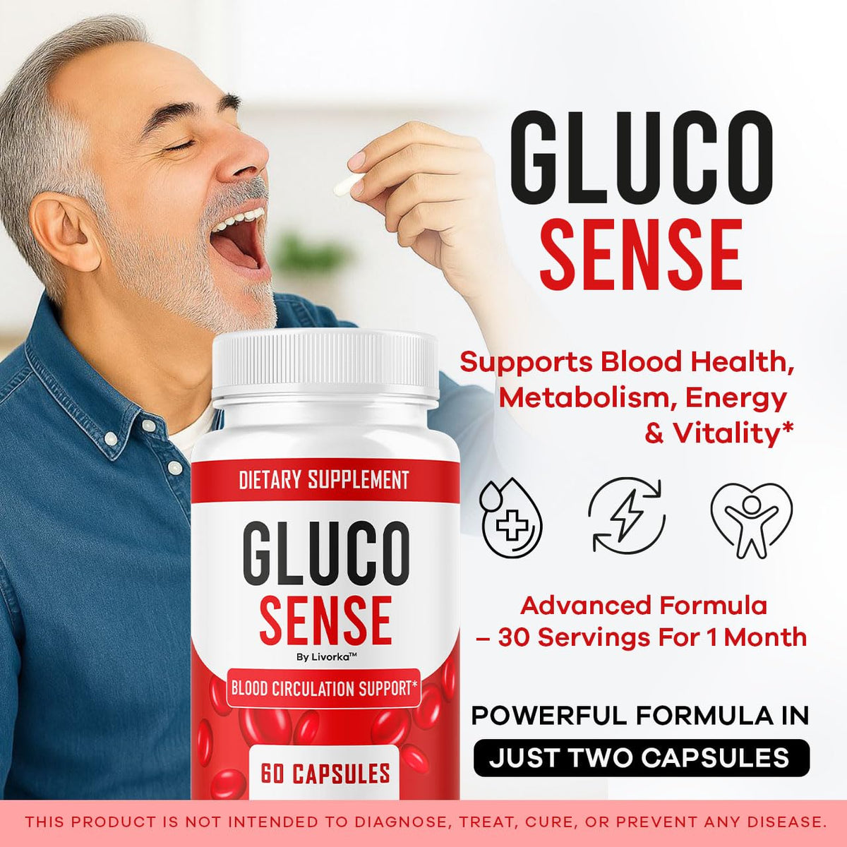 GlucoSense 695 mg, capsules en gros plan