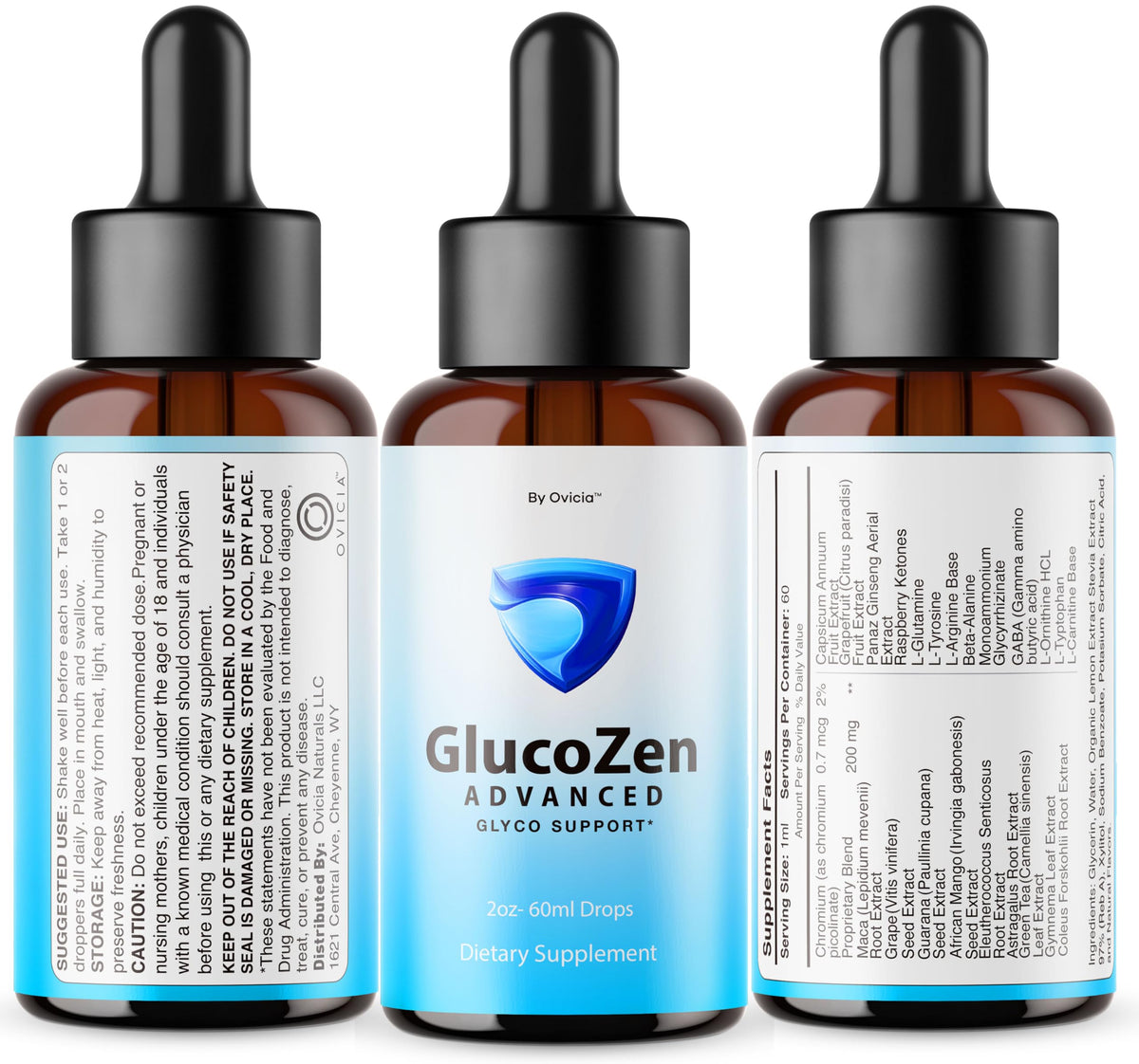 Glucozen Drops OVICIA flacon avec un verre d'eau