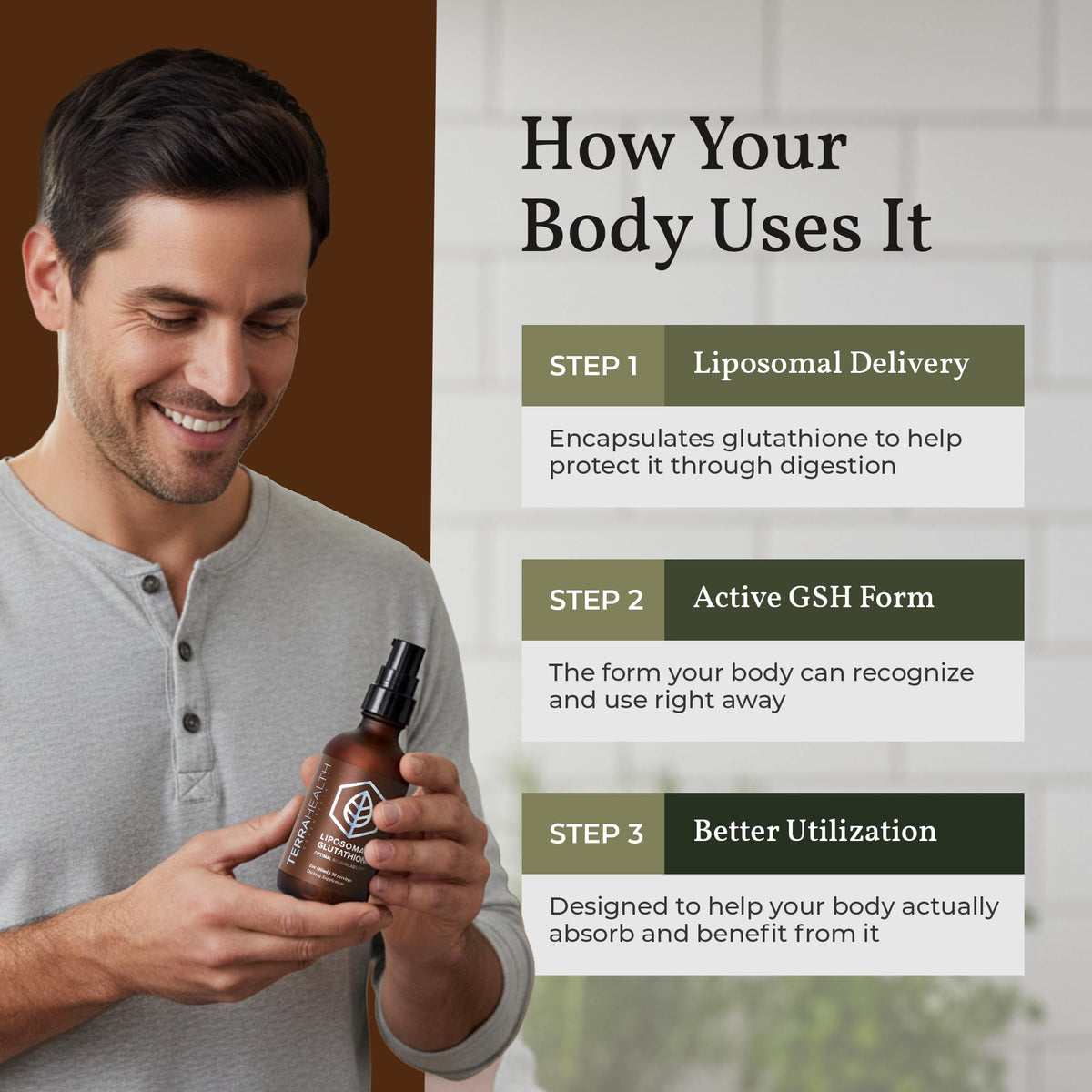 Glutathione Liposomal avec un verre d'eau à côté