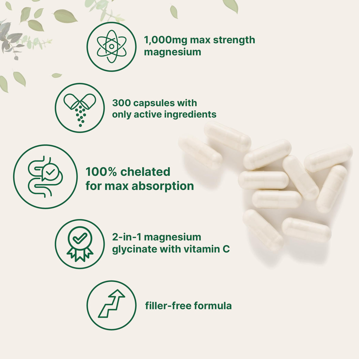 Glycinate de magnésium 1 000 mg avec vitamine C sur fond blanc