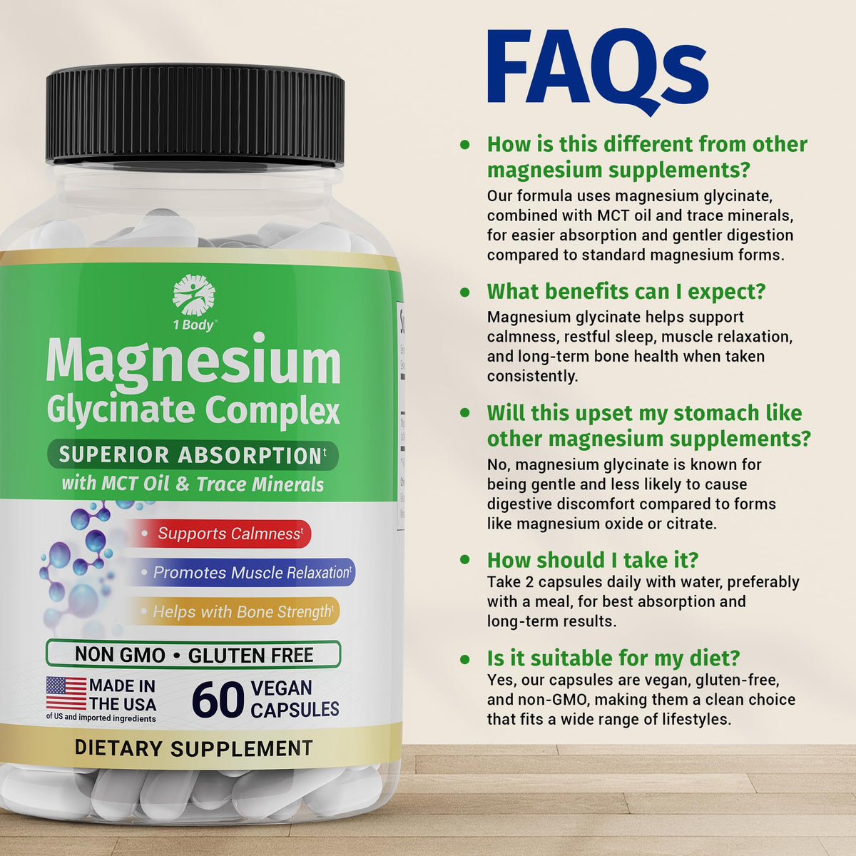 Glycinate de Magnésium 1 Body avec d'autres compléments alimentaires