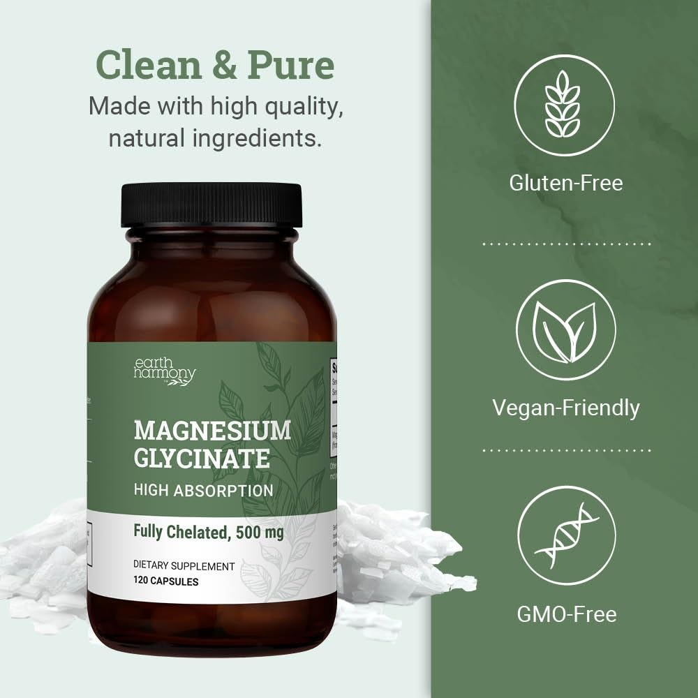 Glycinate de Magnésium 500mg Earth Harmony Naturals sur fond neutre