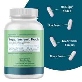 Glycinate de Magnésium BESTVITE 400 mg flacon ouvert avec capsules