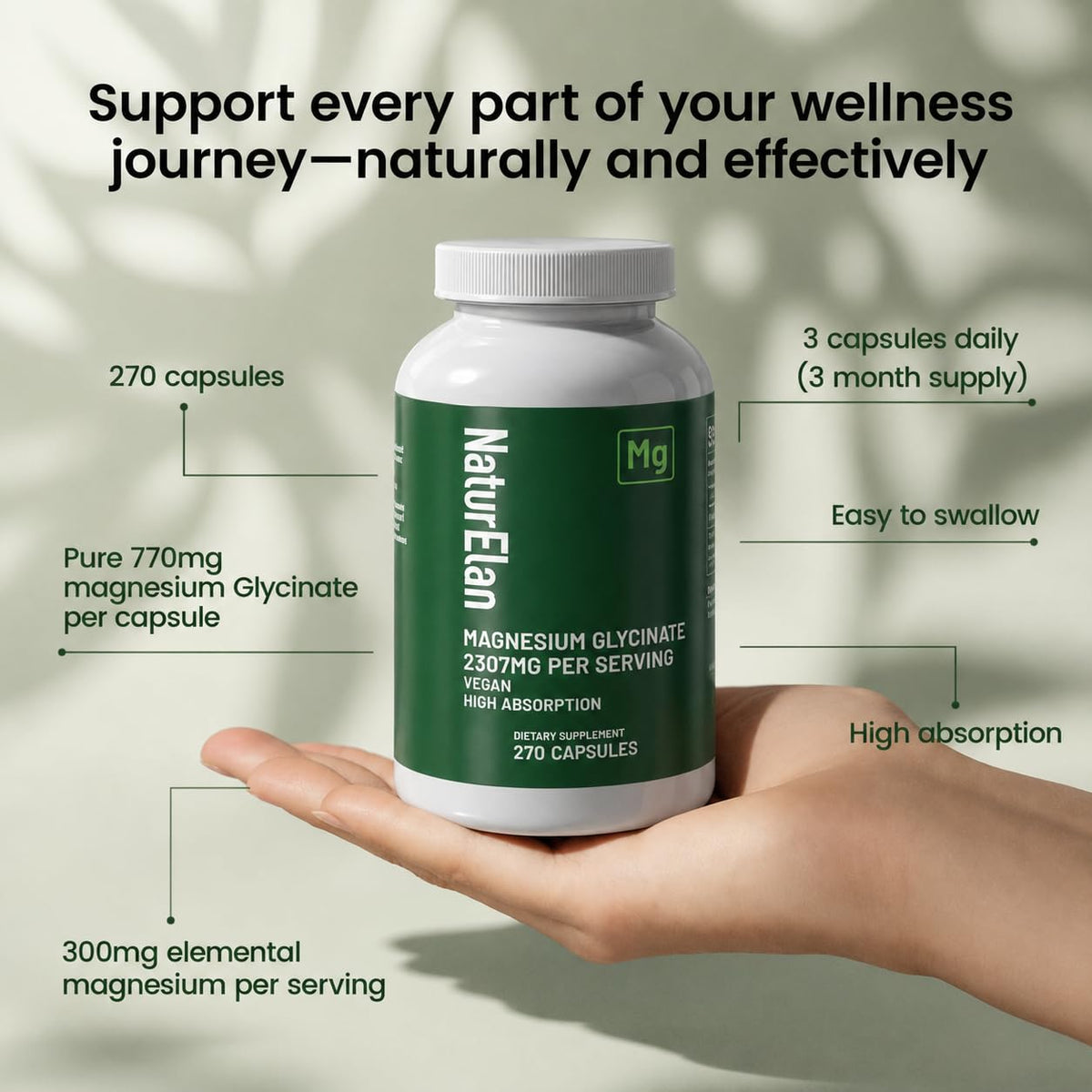 Glycinate de Magnésium NaturElan 2307mg capsules végétales en main