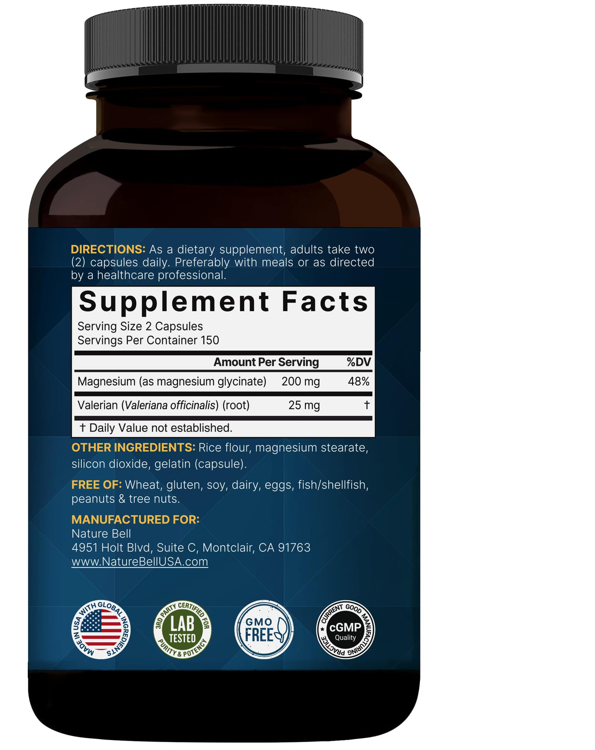 Glycinate de magnésium pur NatureBell, vue rapprochée des capsules