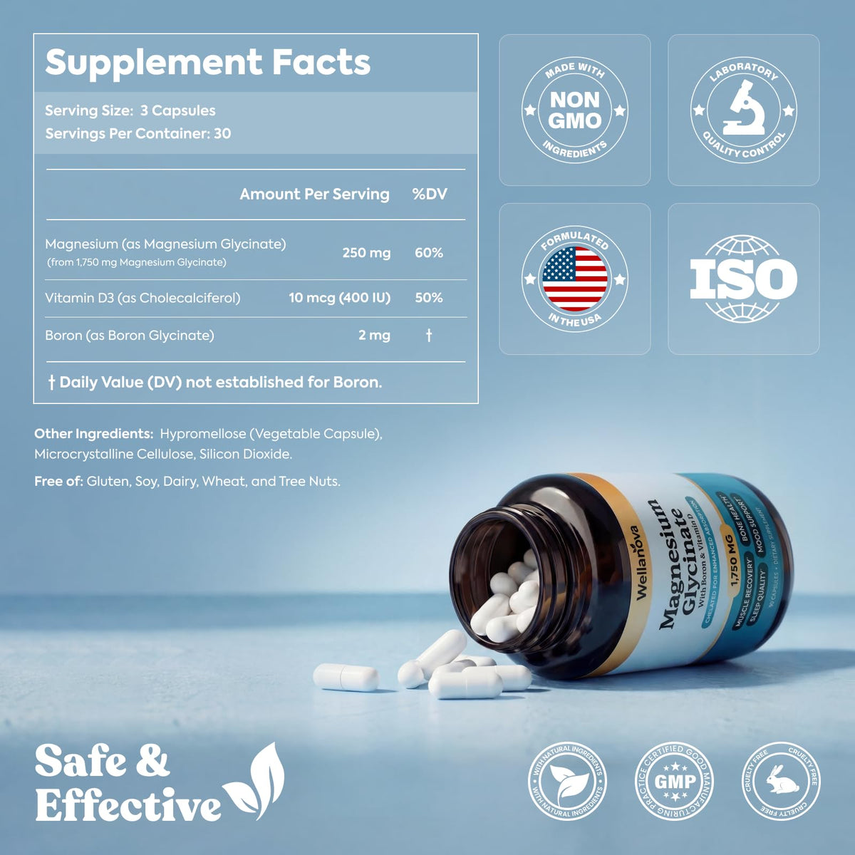 Glycinate de Magnésium Wellanova capsules végétales sur une surface blanche