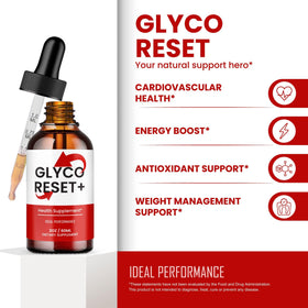 Glyco Reset Drops sur une table avec des fruits