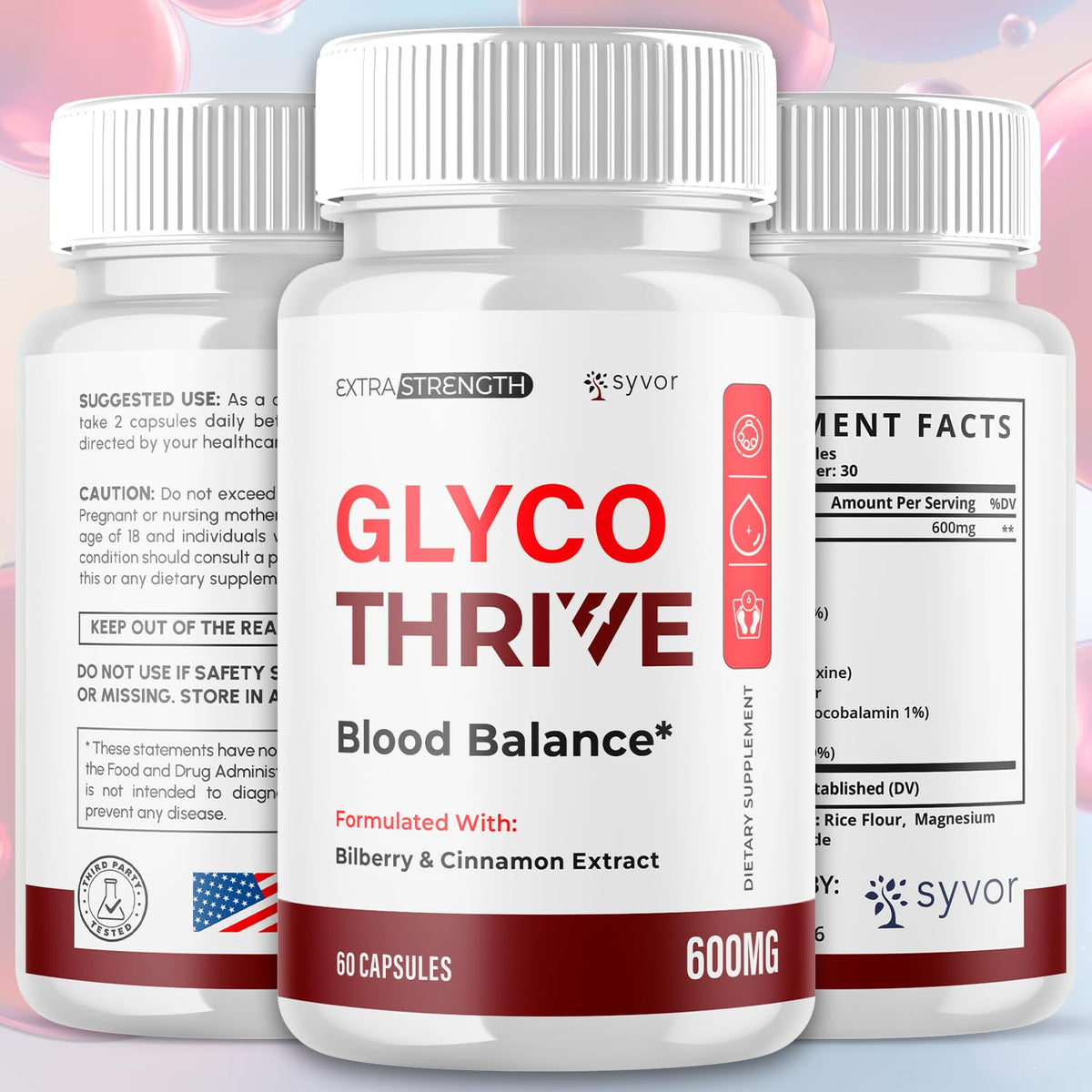 Glyco Thrive Capsules avec étiquette révélant les ingrédients naturels