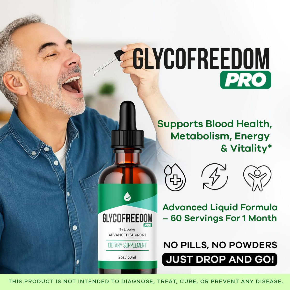 GlycoFreedom Gouttes 60 ml avec étiquette détaillant les ingrédients
