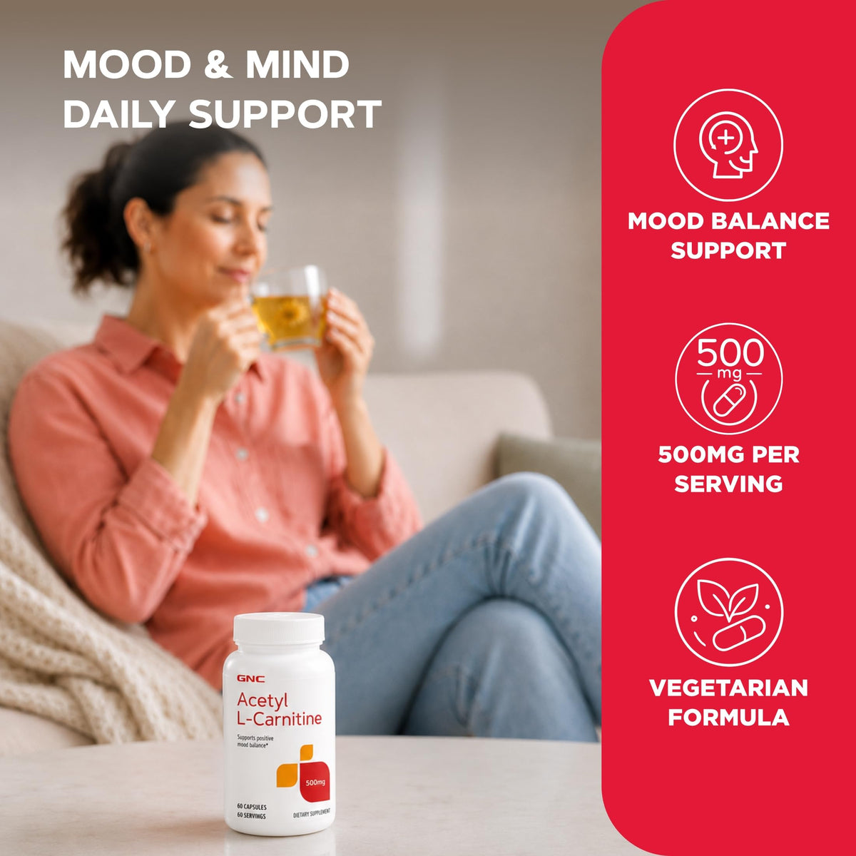GNC Acetyl-L-Carnitine capsules sur un fond blanc