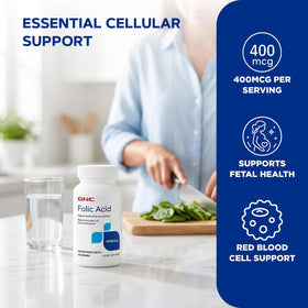 GNC Acide Folique 400mcg comprimés sur fond blanc