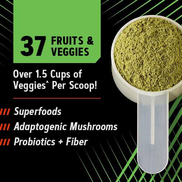 GNC Amplified Greens Blend 320g, présentation en lifestyle avec un shaker
