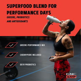 GNC Amplified Greens Blend Pomme Grenade et Myrtille 381g étiquette