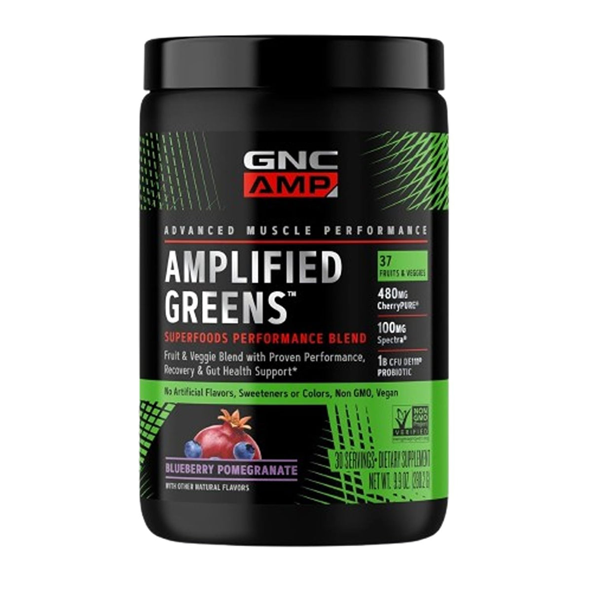 GNC Amplified Greens Blend Pomme Grenade et Myrtille 381g vue de face