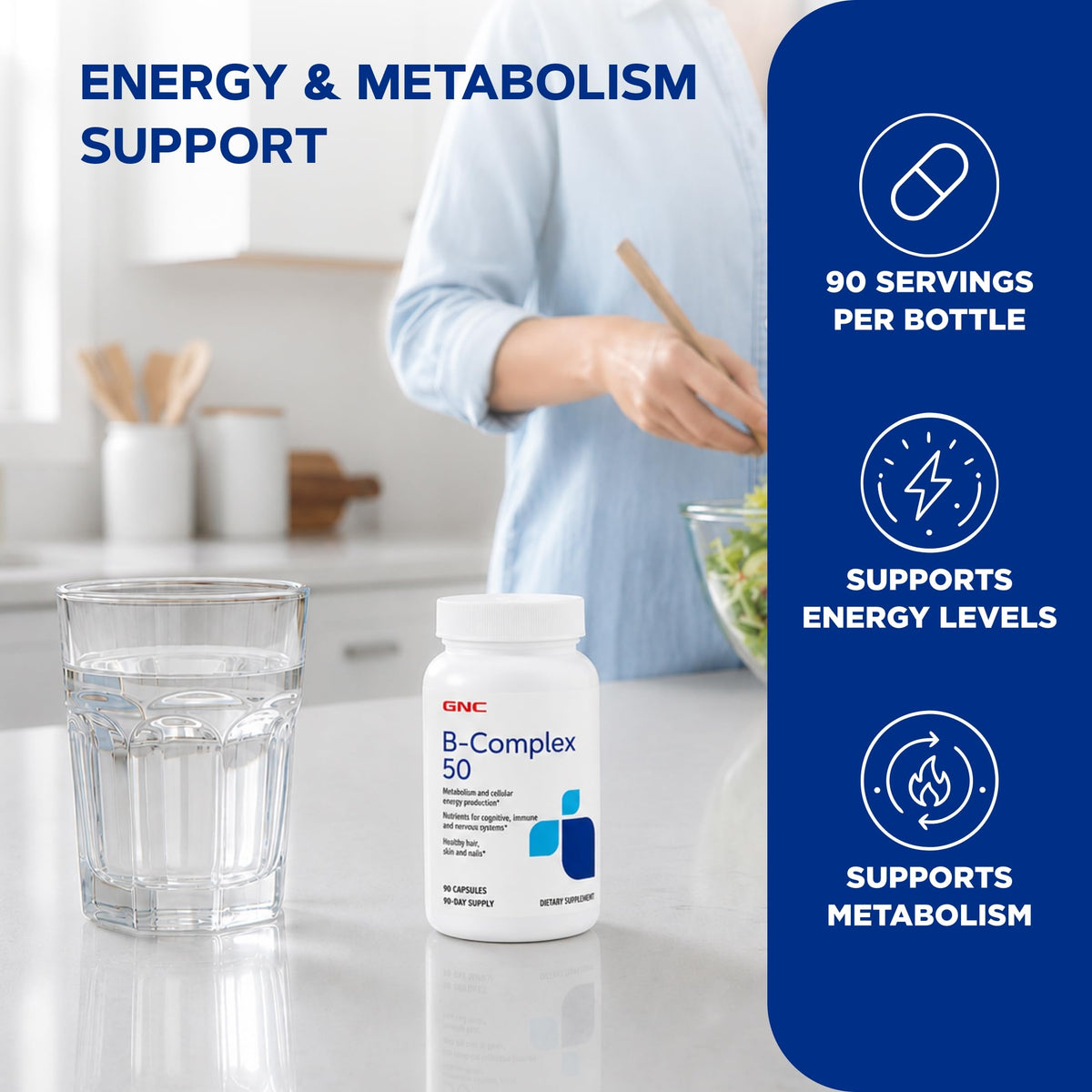 GNC B-Complex 50 flacon ouvert avec capsules