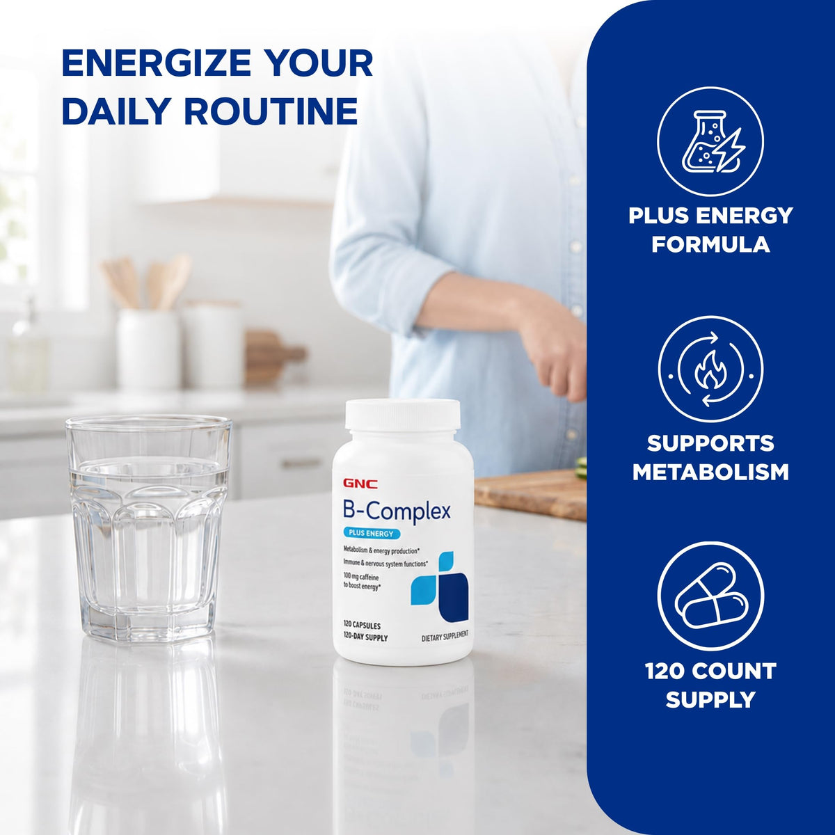 GNC B-Complex Plus Energy capsules sur une surface blanche