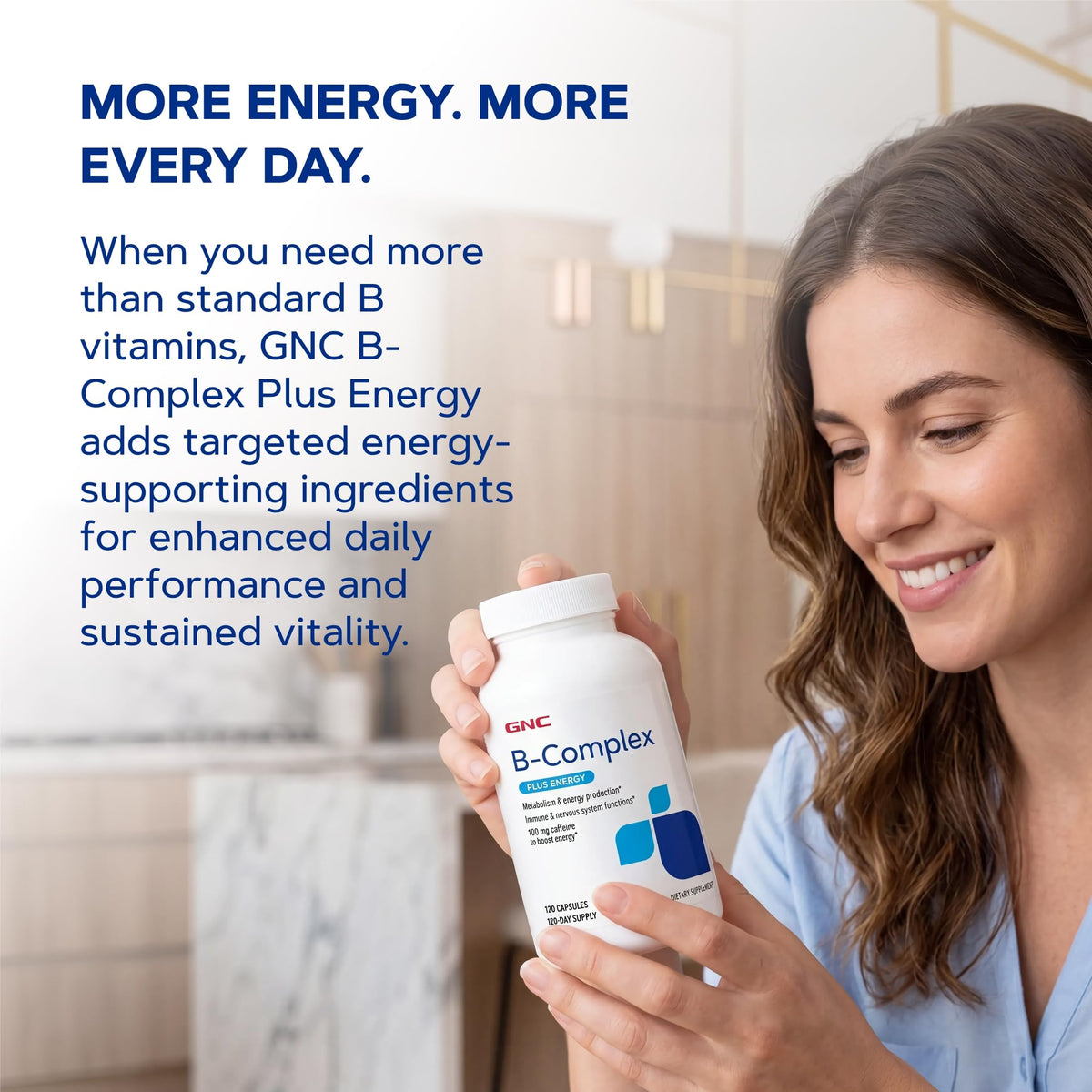 GNC B-Complex Plus Energy flacon sur un fond neutre
