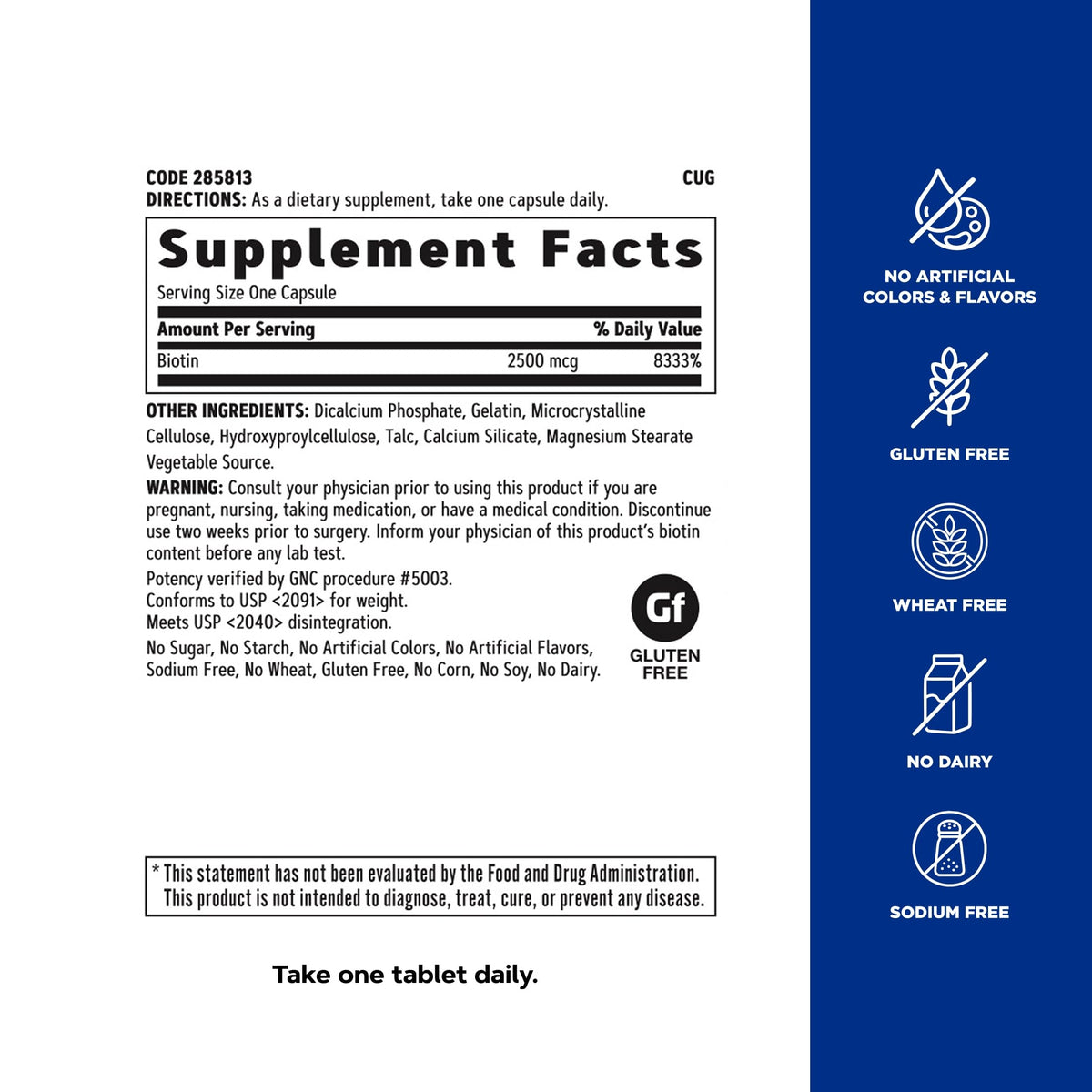 GNC Biotine 2500mcg sur une table avec d'autres vitamines