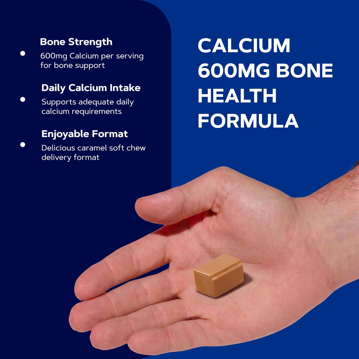 GNC Calcium 600mg caramel chews in hand