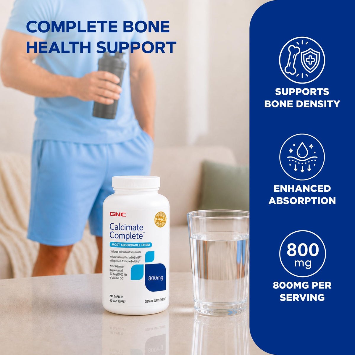 GNC Calcium 800mg comprimés montrant la taille