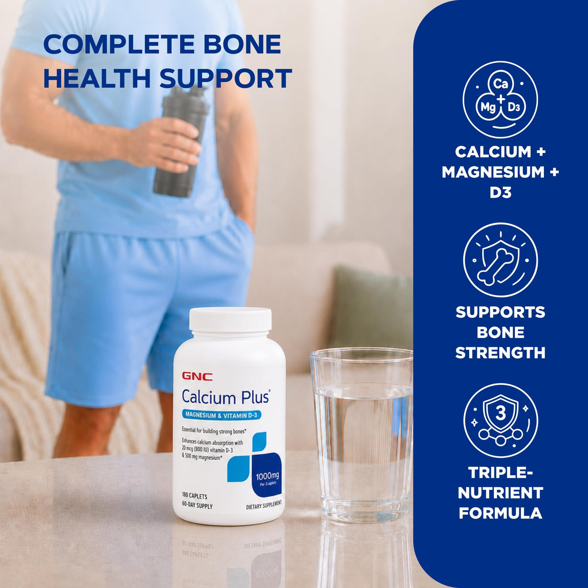 GNC Calcium Plus Magnésium & Vitamine D-3 1000mg comprimés dans un verre