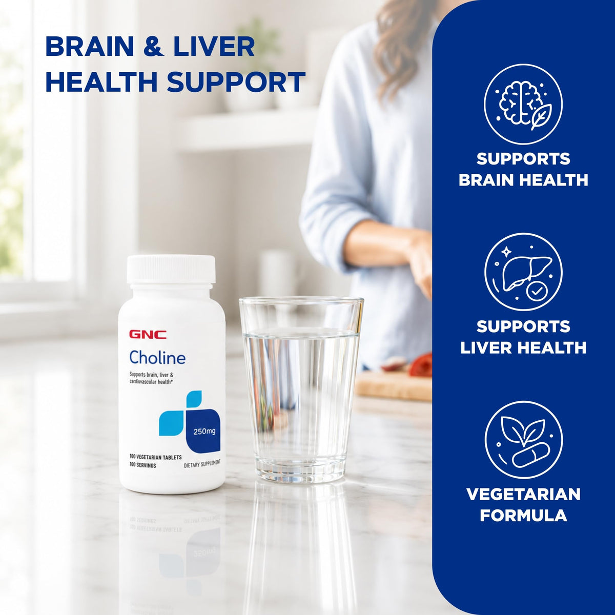 GNC Choline 250mg avec étiquette détaillant les ingrédients
