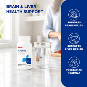 GNC Choline 250mg avec étiquette détaillant les ingrédients