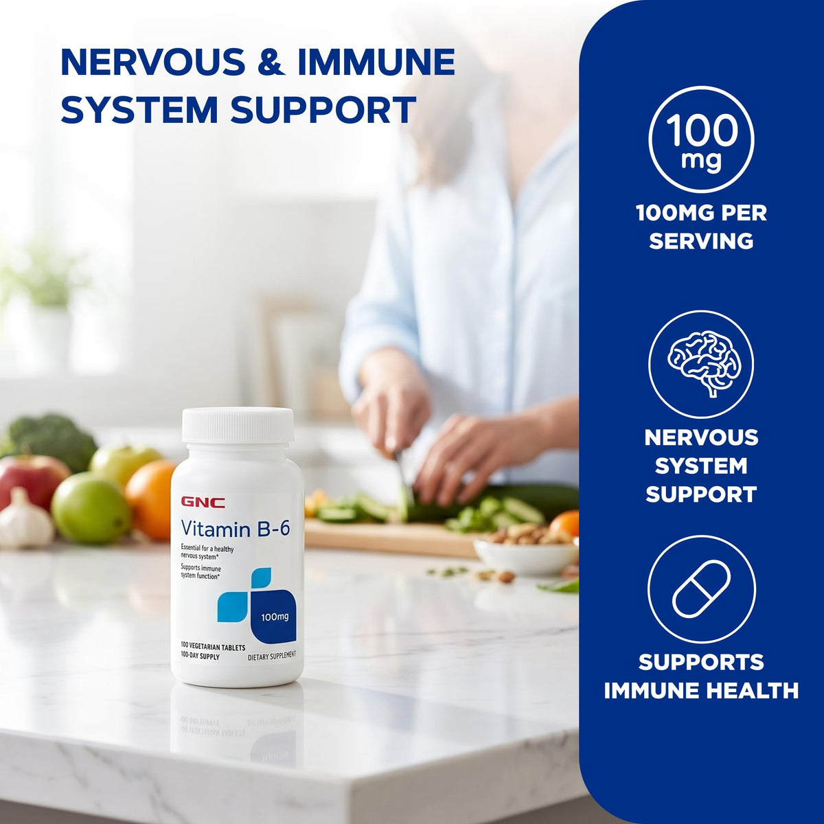 GNC Complément Alimentaire B-6 100 mg, flacon ouvert avec capsules