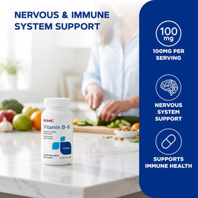 GNC Complément Alimentaire B-6 100 mg, flacon ouvert avec capsules