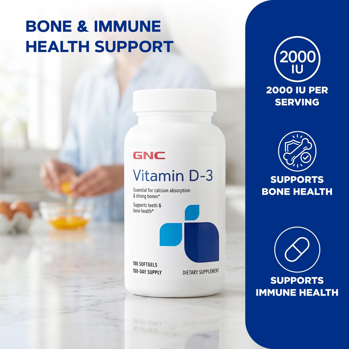 GNC Complément Alimentaire Vitamine D3 50mcg gélules molles à côté d'une gélule