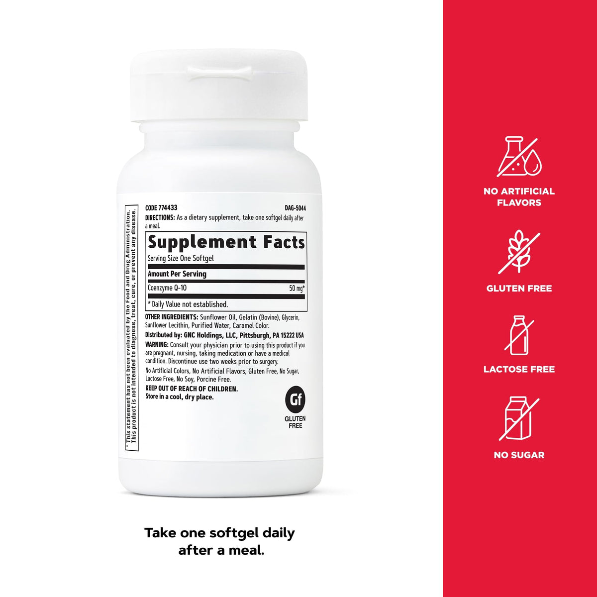 GNC CoQ-10 50mg gélules ouvertes montrant leur taille
