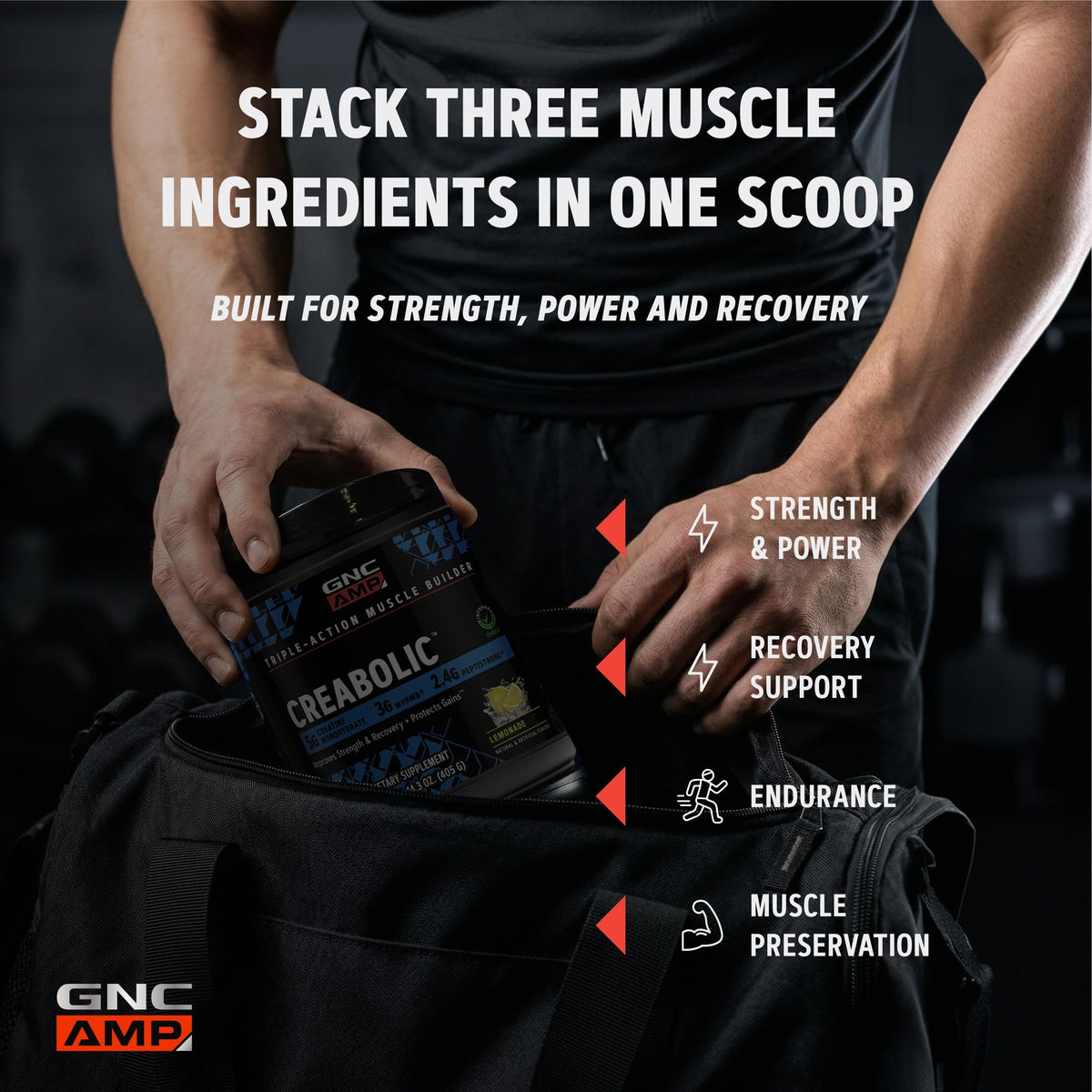 GNC Creabolic Poudre de Créatine Monohydrate 481g Citronnade sur une table