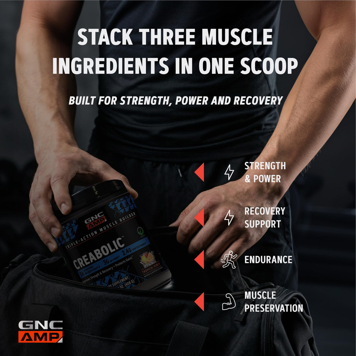 GNC Creabolic Poudre de Créatine Monohydrate 490g sur une table