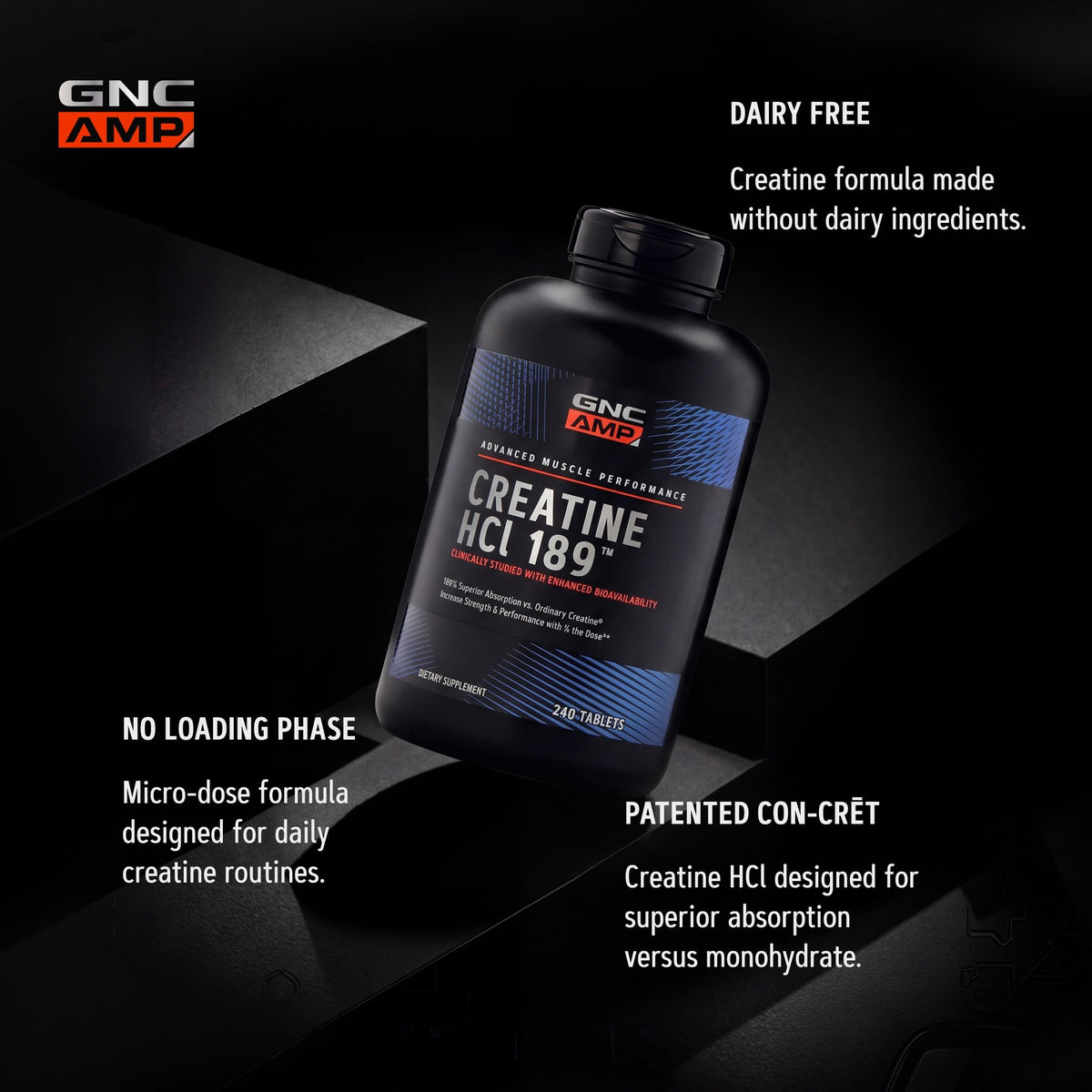 GNC Creatine HCl 189 comprimés avec un verre d'eau