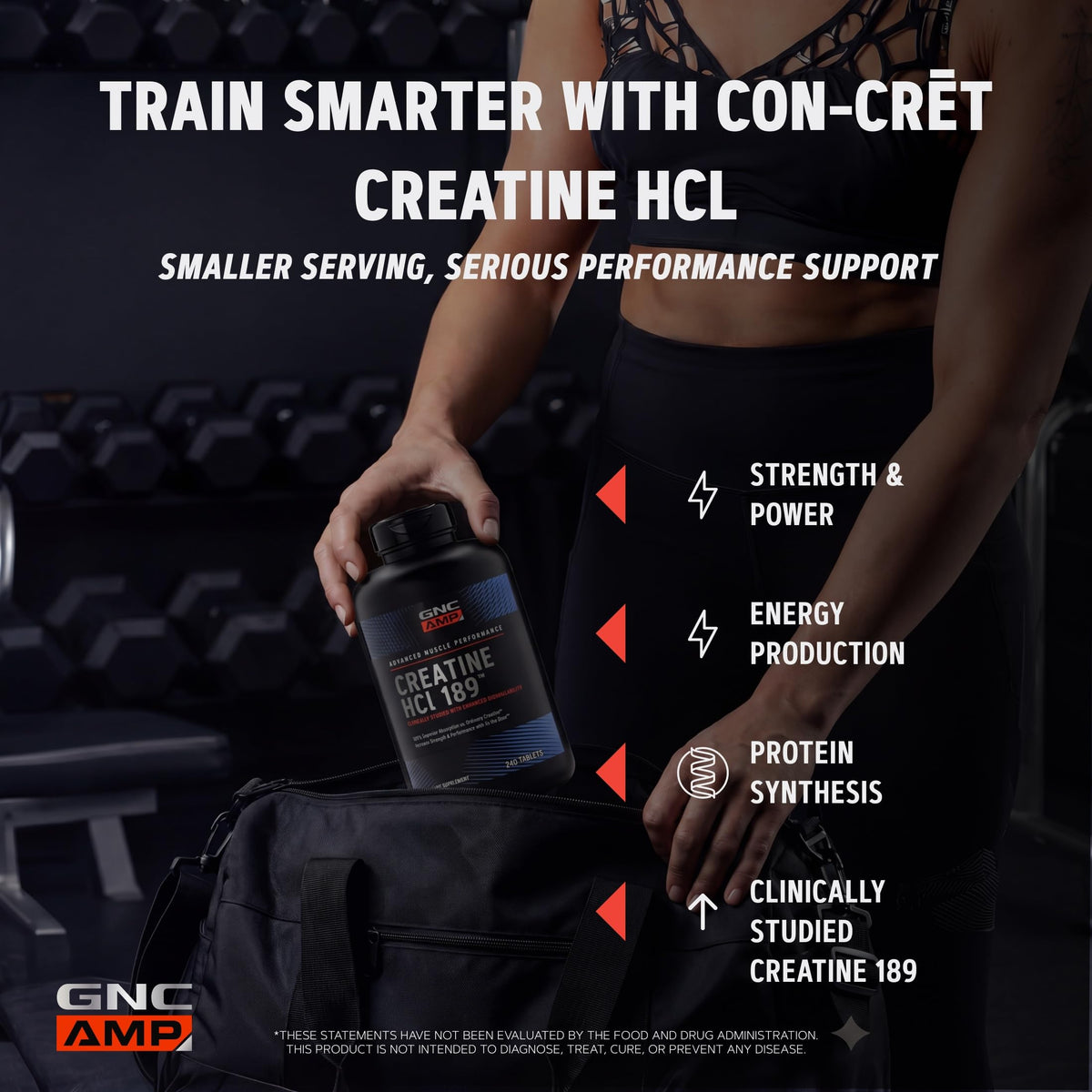 GNC Creatine HCl 189 comprimés sur une surface blanche
