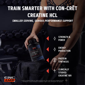 GNC Creatine HCl 189 comprimés sur une surface blanche